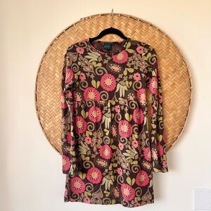 MINI BODEN RETRO‎ PINK FLORAL PRINT OONG SLEEVE DRESS CREW-NECK FIT & FLOWY EUC